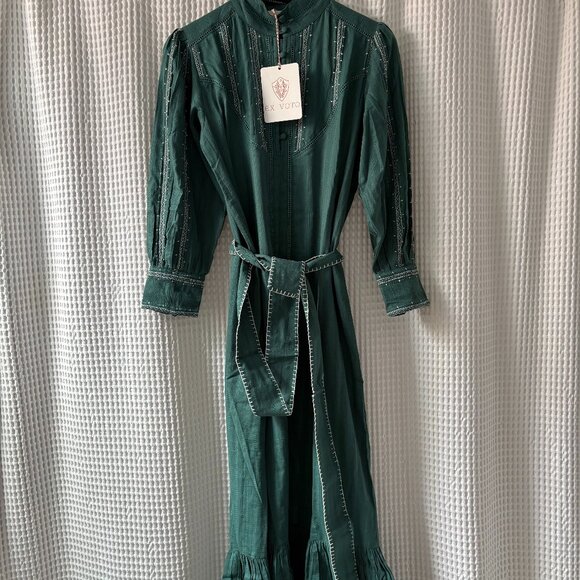 Ex Voto Dresses & Skirts - Ex Voto Sutton emerald green embroidered belted cotton maxidress women's small